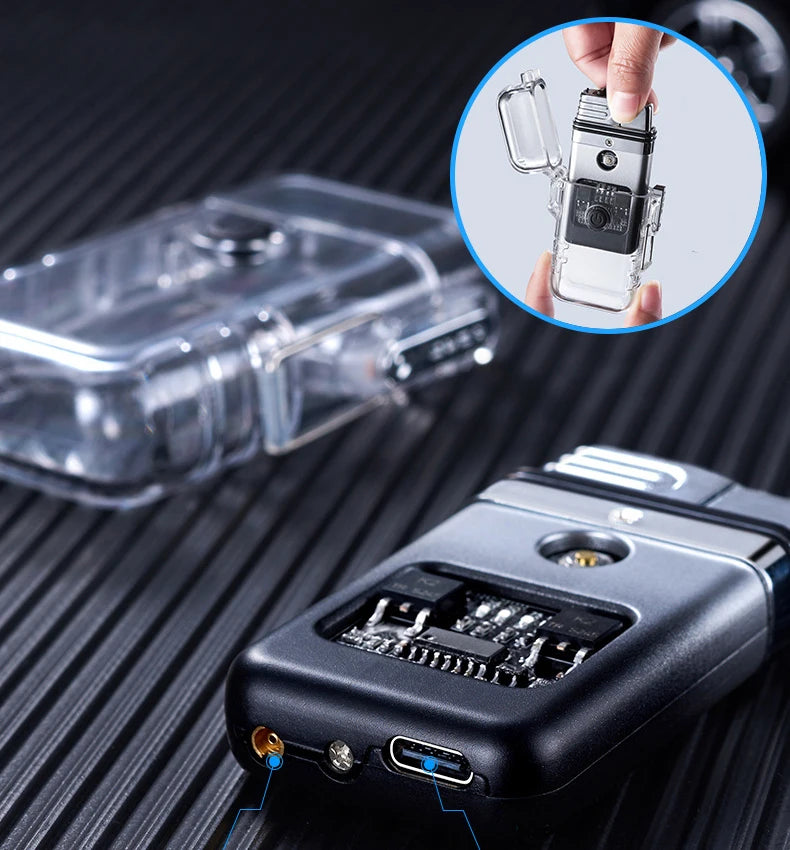 Close-up of dismantled torch lighter clear plastic cover on textured surface showing inner workings of lighter.