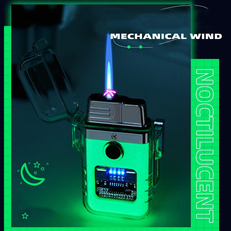 Glowing green device with electronic components on a dark background, labeled 'Mechanical Wind Noctilucent'.