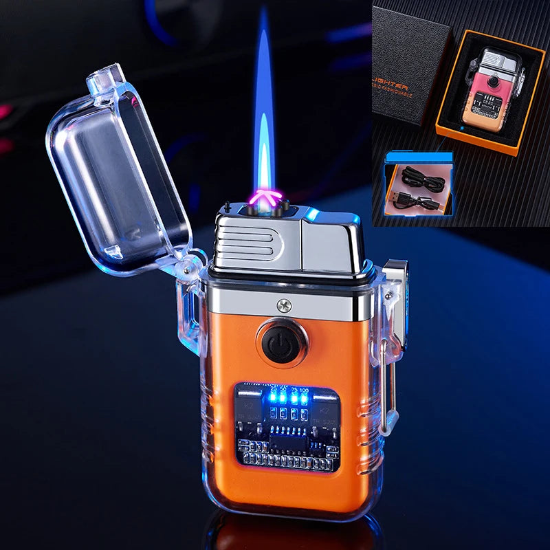 Orange and clear lighter with digital display on a dark background