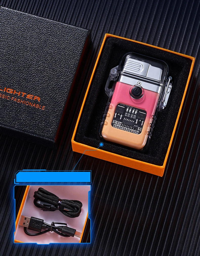 Pink and black torch lighter in an open box with accessories on a textured surface