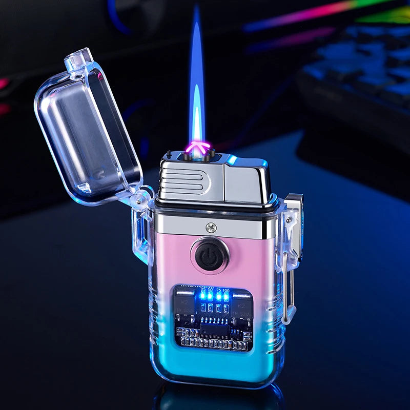 Pink and blue lighter with digital display on a dark background