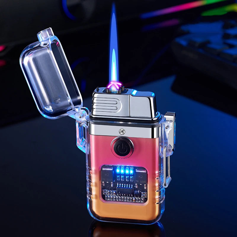 Colorful sunset tone torch lighter with digital display on a dark background