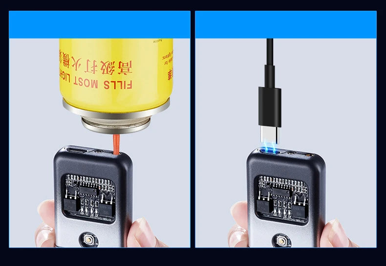 Two views of torch lighters. One older with a yellow fluid refill container on a blue background. And the All-New 'Blow Pro' showcasing it's ability to be powered by a c-type charger usb connection and a new, cleaner way to fill a powerful torch lighter.