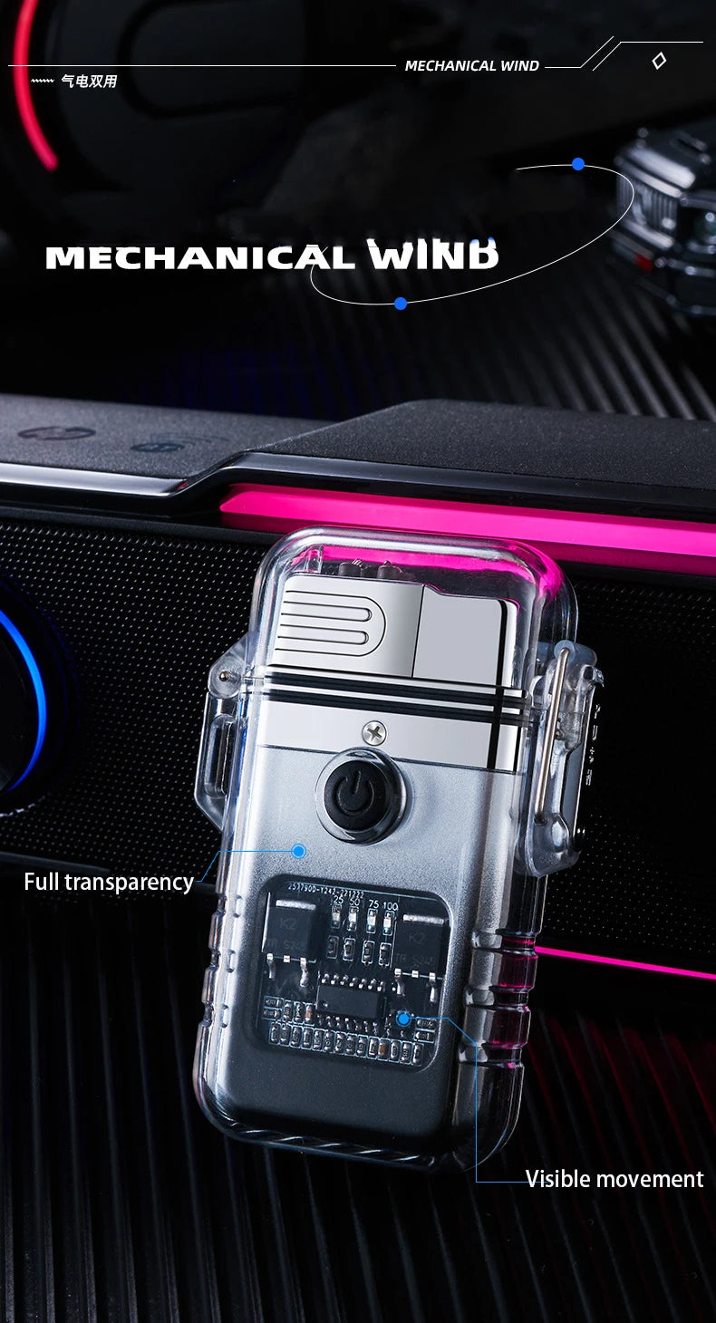 Transparent torch lighter in casing with mechanical wind design on a dark background