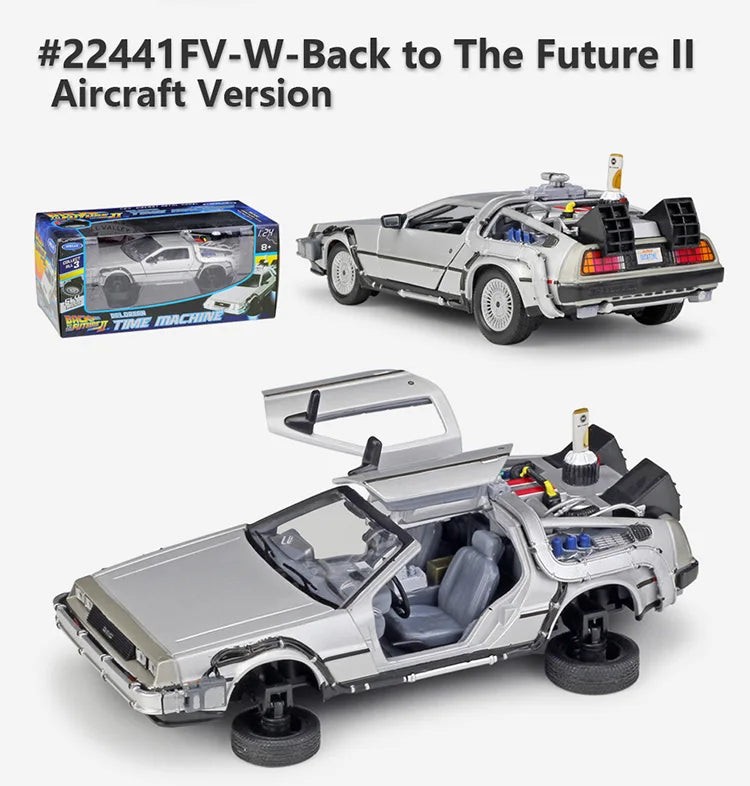Toy model of a futuristic vehicle with open doors, resembling the DeLorean from 'Back to the Future', next to its packaging.