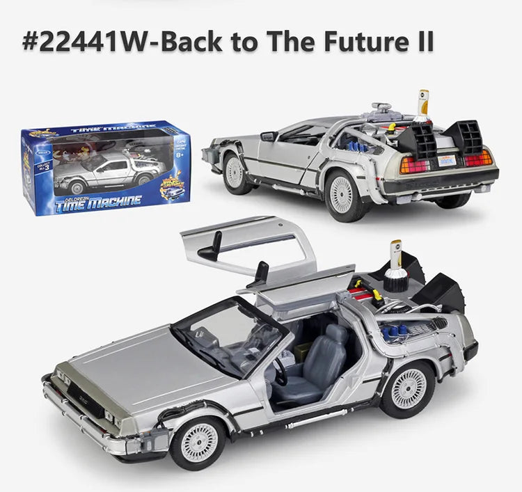 Model of a time machine DMC from 'Back to the Future II' with packaging on a white background