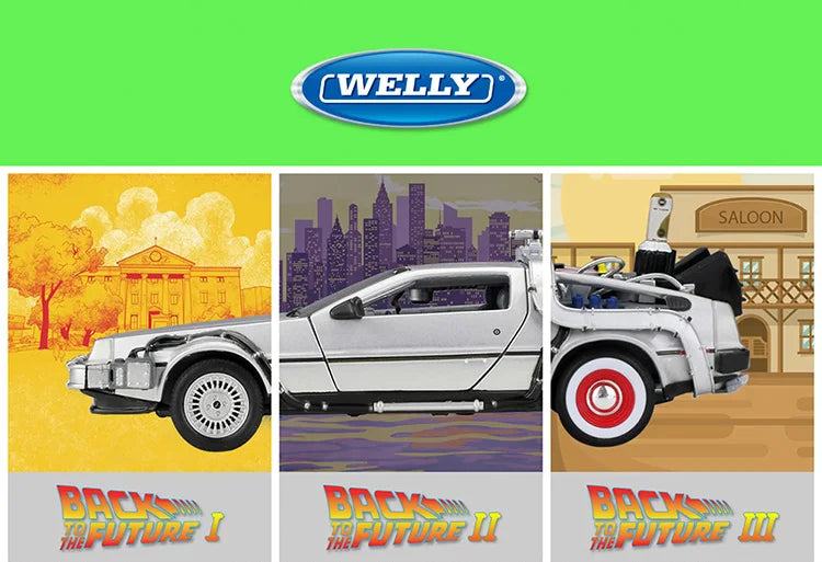 Collage of Welly model cars from 'Back to the Future' series on a green background with Welly logo.
