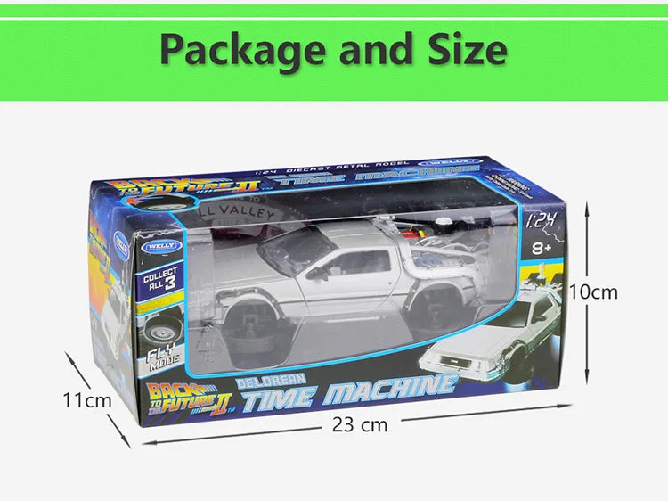 Package of a toy model car with dimensions labeled