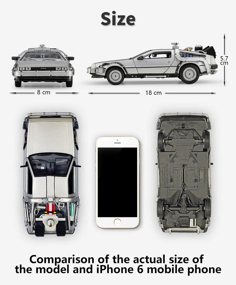 Comparison of Back to the Future DeLorean DMC Diecast model car size with an iPhone 6 on a white background