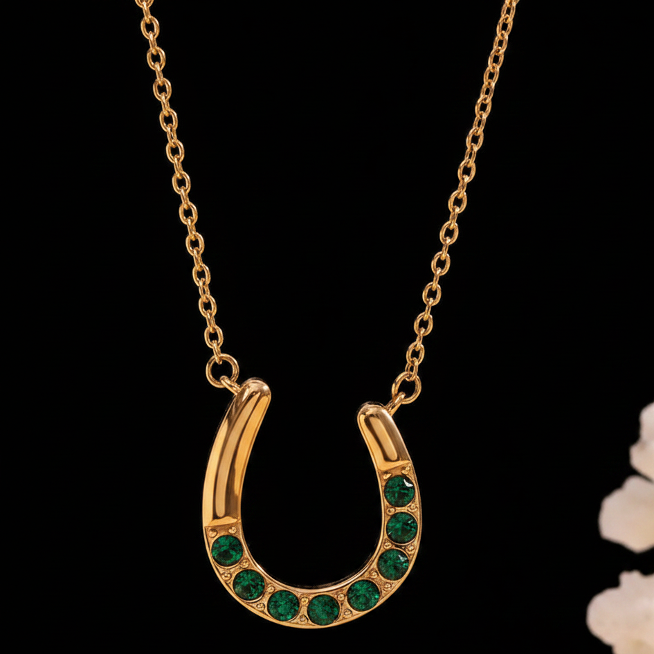 A gold horseshoe pendant necklace adorned with small green gemstones along the lower curve, displayed against a solid black background.