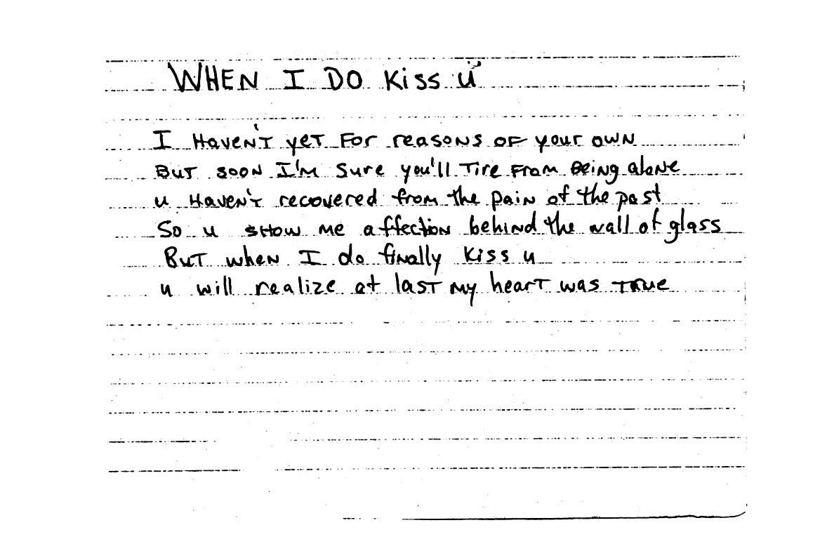 Handwritten poem titled "When I Do Kiss U" written by Tupac Shakur from the Poetry Book Collection "The Rose that Grew from Concrete" by 2Pac Amaru Shakur.