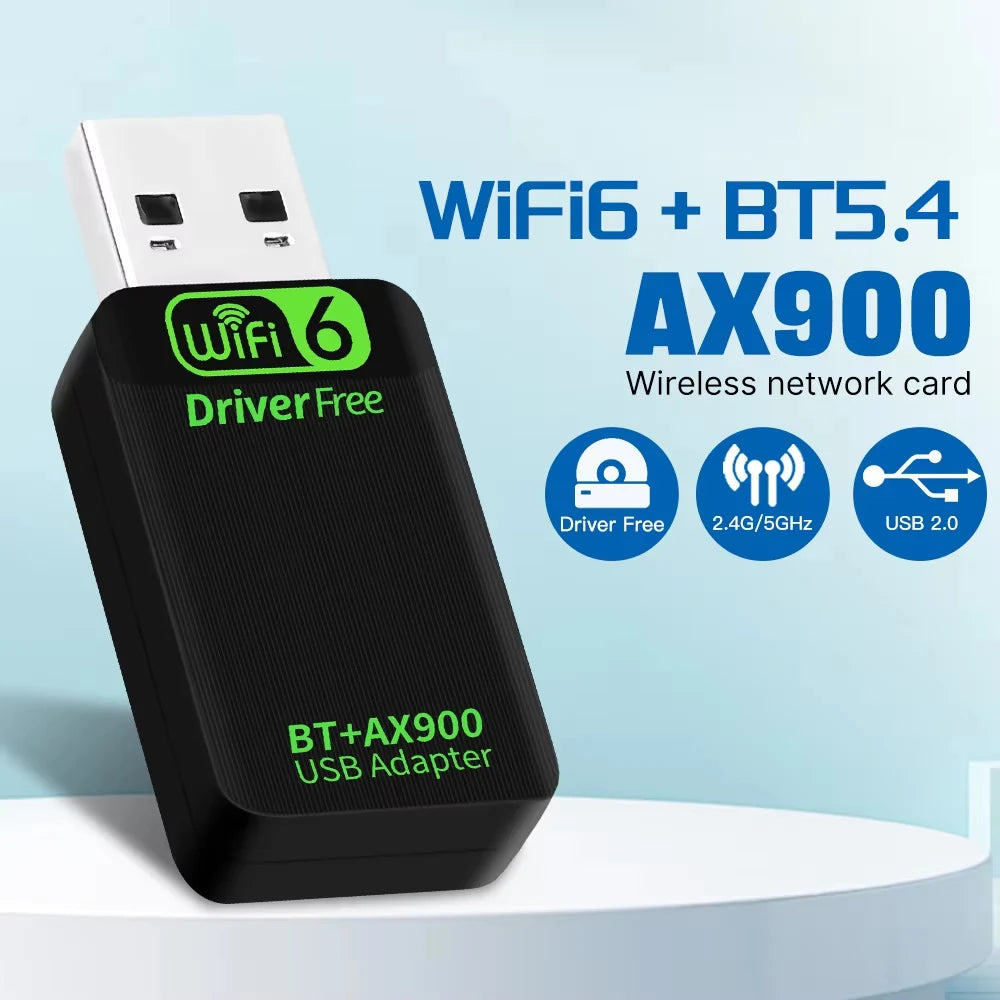USB adapter with WiFi6, BT5.4, and AX900 specifications on a light blue background