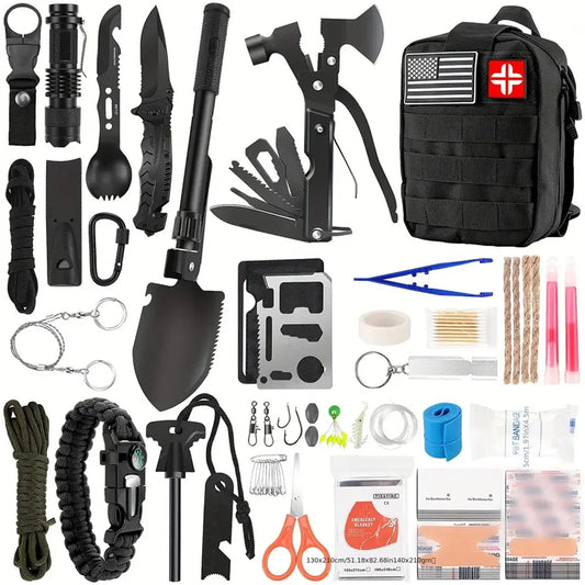 Collection of survival tools and equipment including knives, axes, and a tactical pouch with American flag patch.