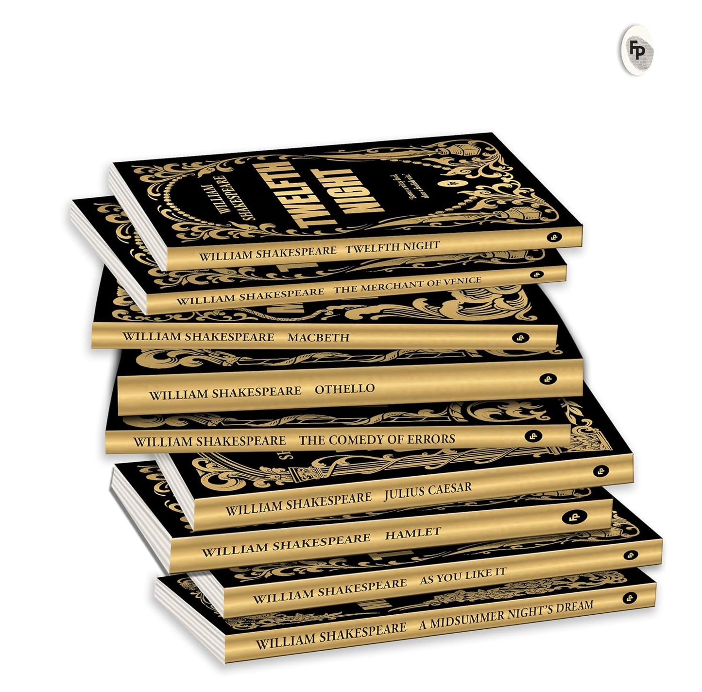 Book box set of 'Shakespeare Box Set: Greatest Works of William Shakespeare [ISBN: 9789354407000]' featuring a gilded style casing. Books stacked for display.