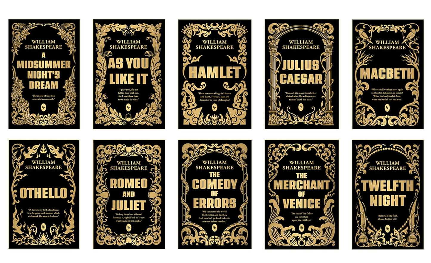 Book box set of 'Shakespeare Box Set: Greatest Works of William Shakespeare [ISBN: 9789354407000]' featuring a gilded style casing. Books displaying all front covers.