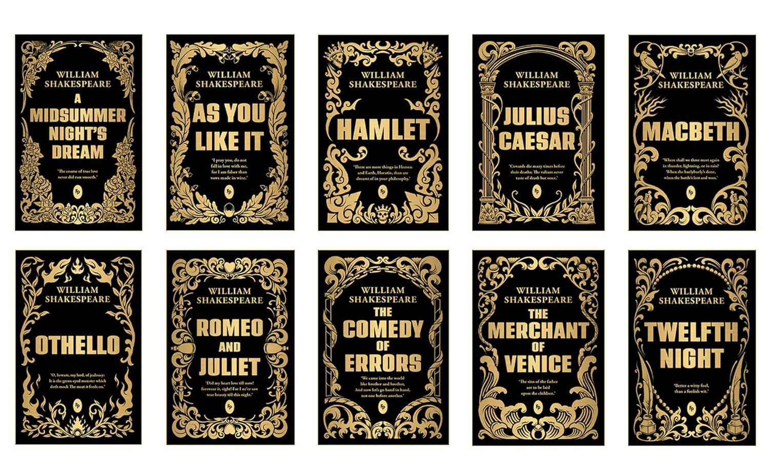 Book box set of 'Shakespeare Box Set: Greatest Works of William Shakespeare [ISBN: 9789354407000]' featuring a gilded style casing. Books displaying all front covers.