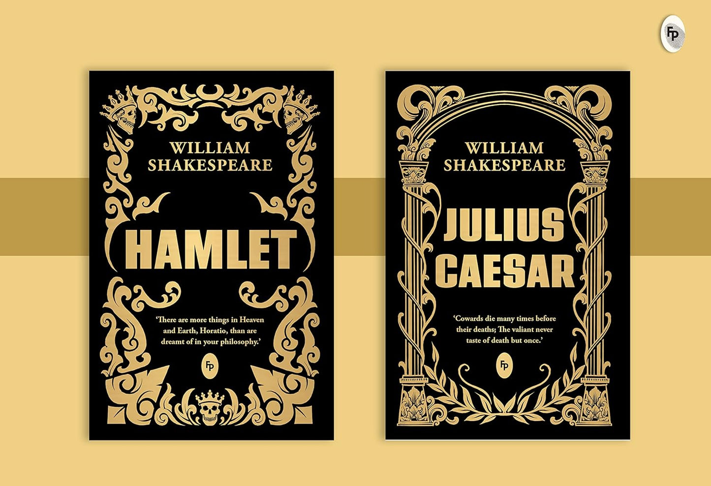 Two book front cover display from "Shakespeare Box Set: Greatest Works of William Shakespeare" featuring 'Hamlet' and 'Julius Caesar' in gilded collection style.