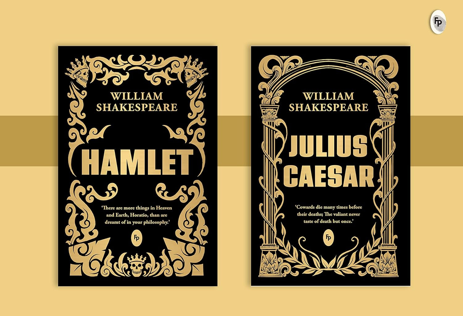 Two book front cover display from "Shakespeare Box Set: Greatest Works of William Shakespeare" featuring 'Hamlet' and 'Julius Caesar' in gilded collection style.