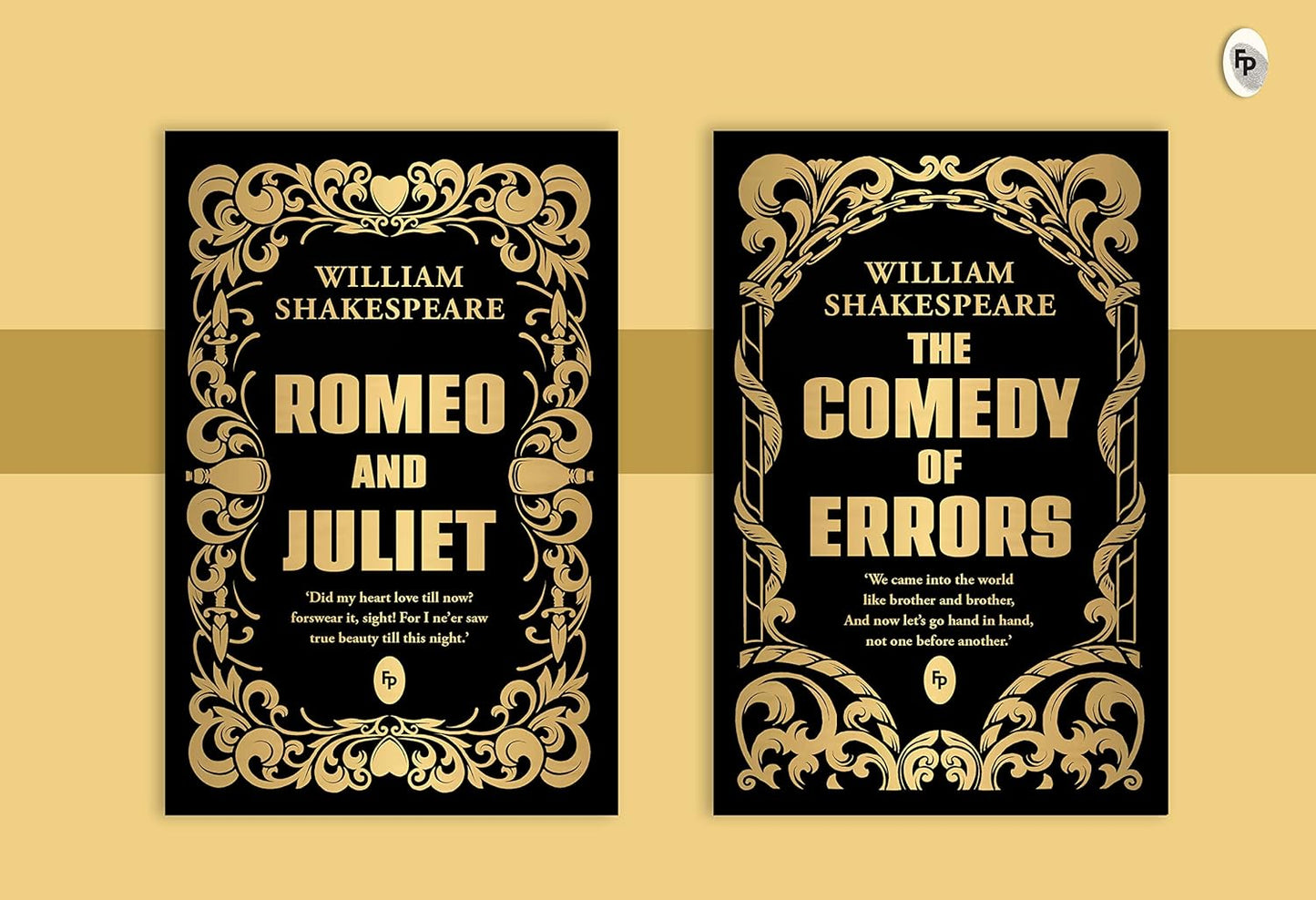 Two book front cover display from "Shakespeare Box Set: Greatest Works of William Shakespeare" featuring 'Romeo and Juliet' and 'The Comedy of Errors' in gilded collection style.