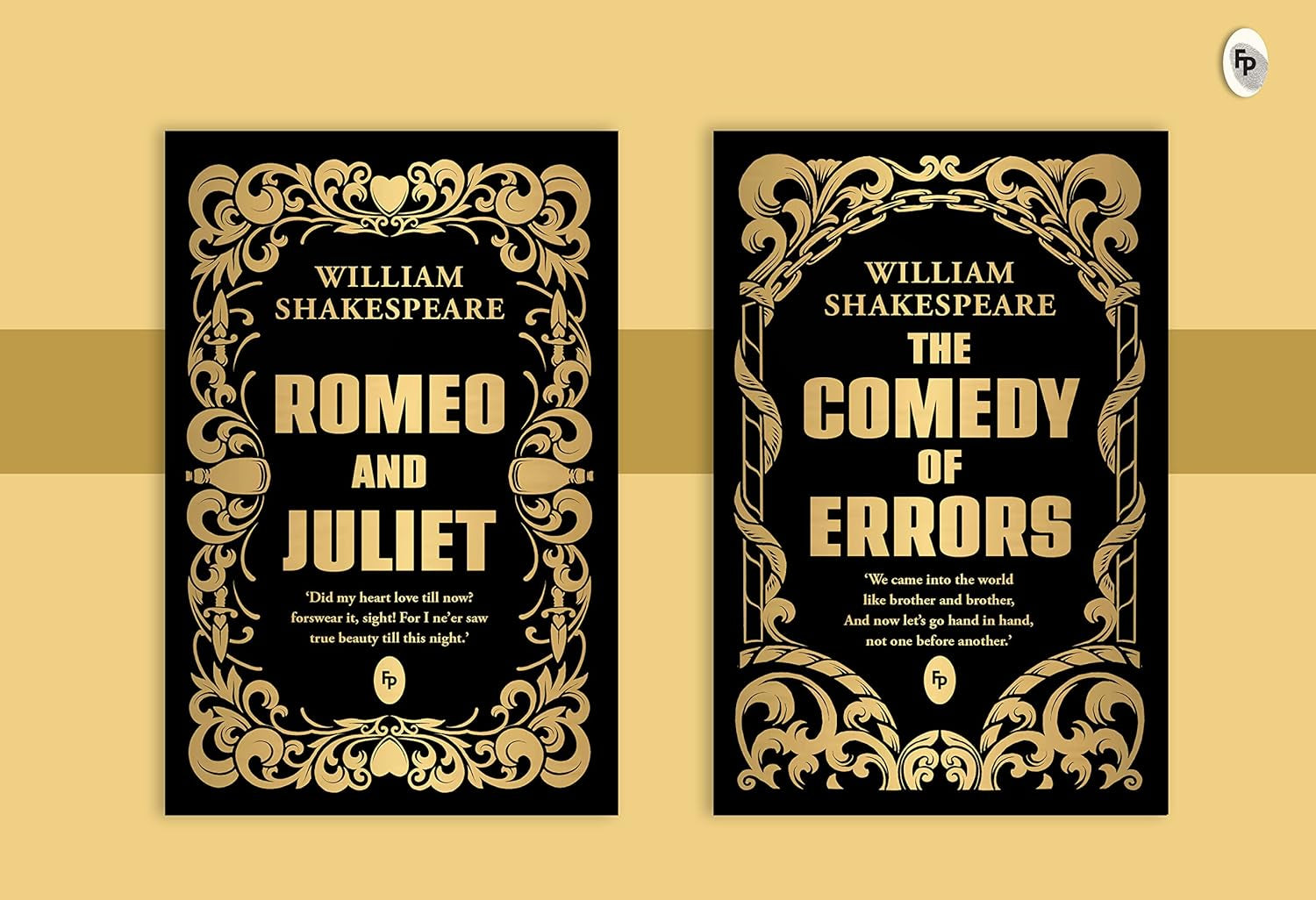 Two book front cover display from "Shakespeare Box Set: Greatest Works of William Shakespeare" featuring 'Romeo and Juliet' and 'The Comedy of Errors' in gilded collection style.