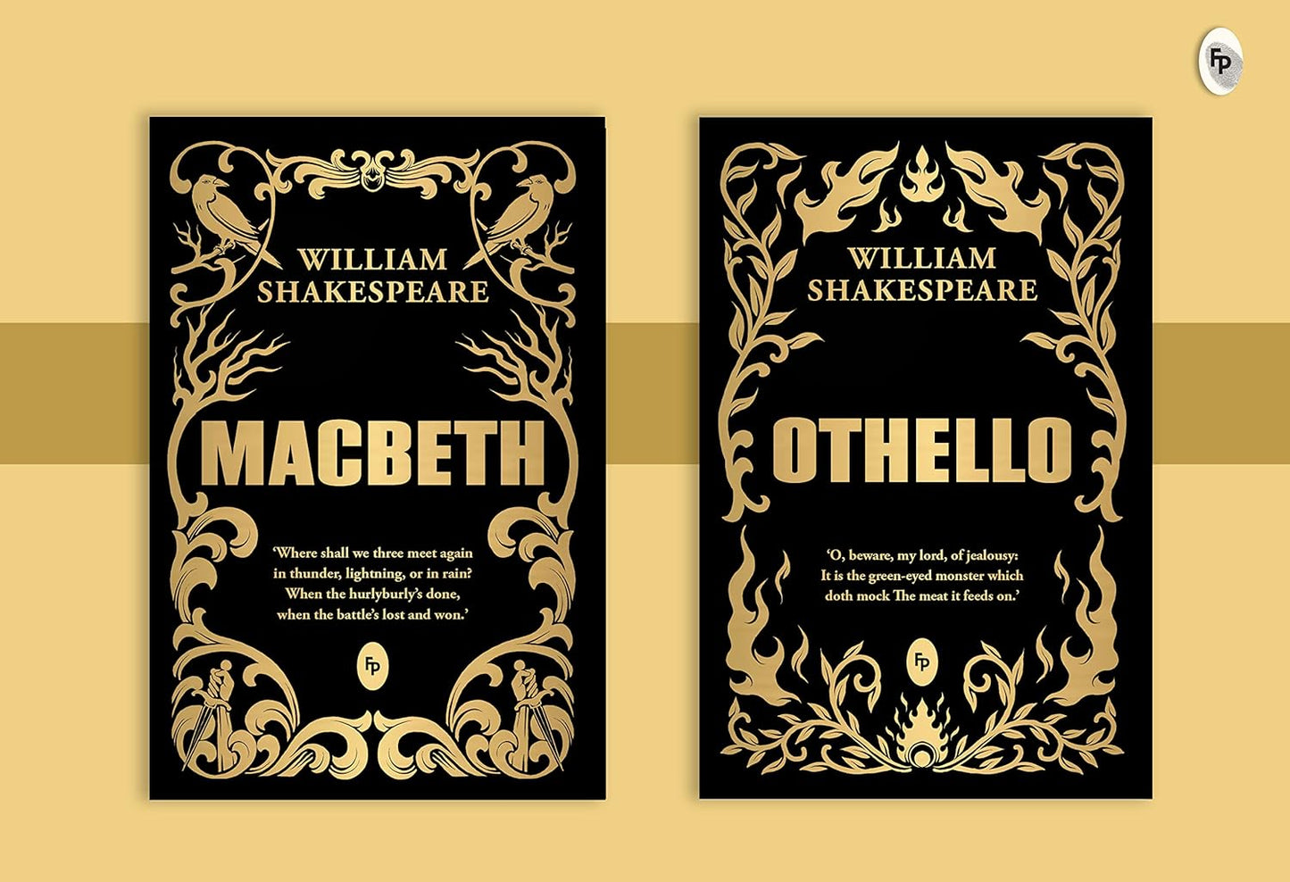 Two book front cover display from "Shakespeare Box Set: Greatest Works of William Shakespeare" featuring 'Macbeth' and 'Othello' in gilded collection style.