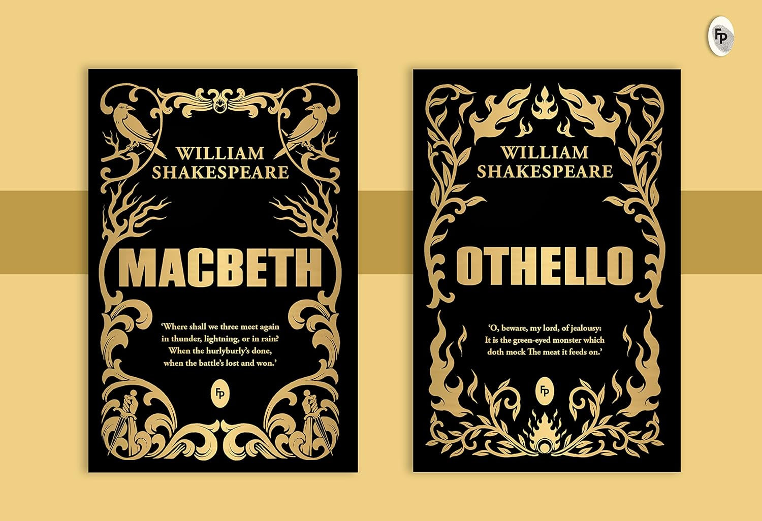 Two book front cover display from "Shakespeare Box Set: Greatest Works of William Shakespeare" featuring 'Macbeth' and 'Othello' in gilded collection style.