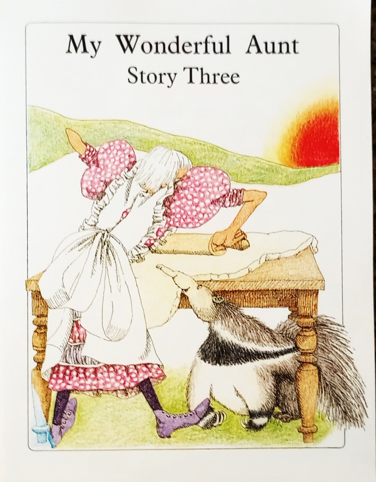 Illustrated book cover of 'My Wonderful Aunt Story Three' with a girl and dog at a table.