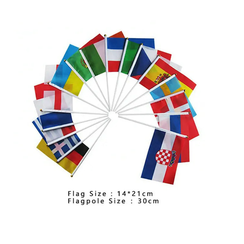 Set of small flags on sticks with various designs, displayed in a circular arrangement.