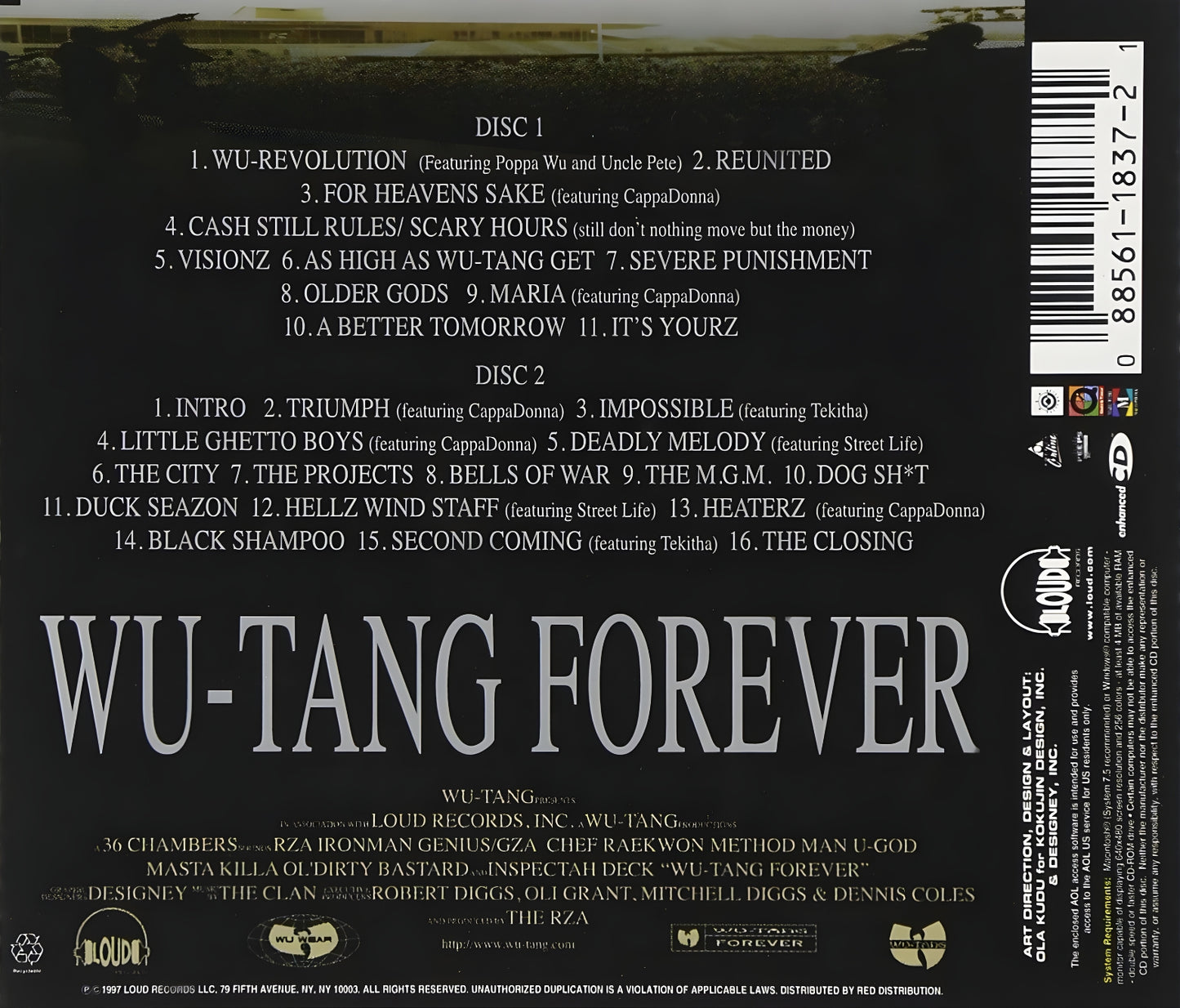 Back cover of a Wu-Tang album with tracklist and branding