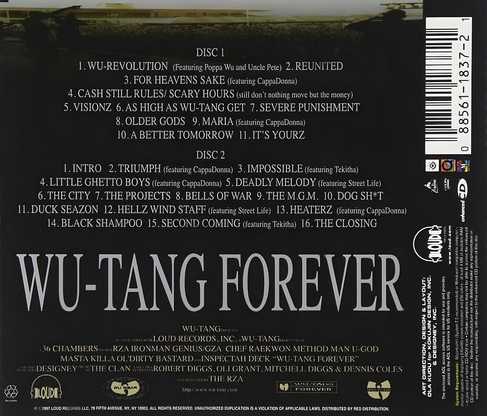 Back cover of a Wu-Tang album with tracklist and branding