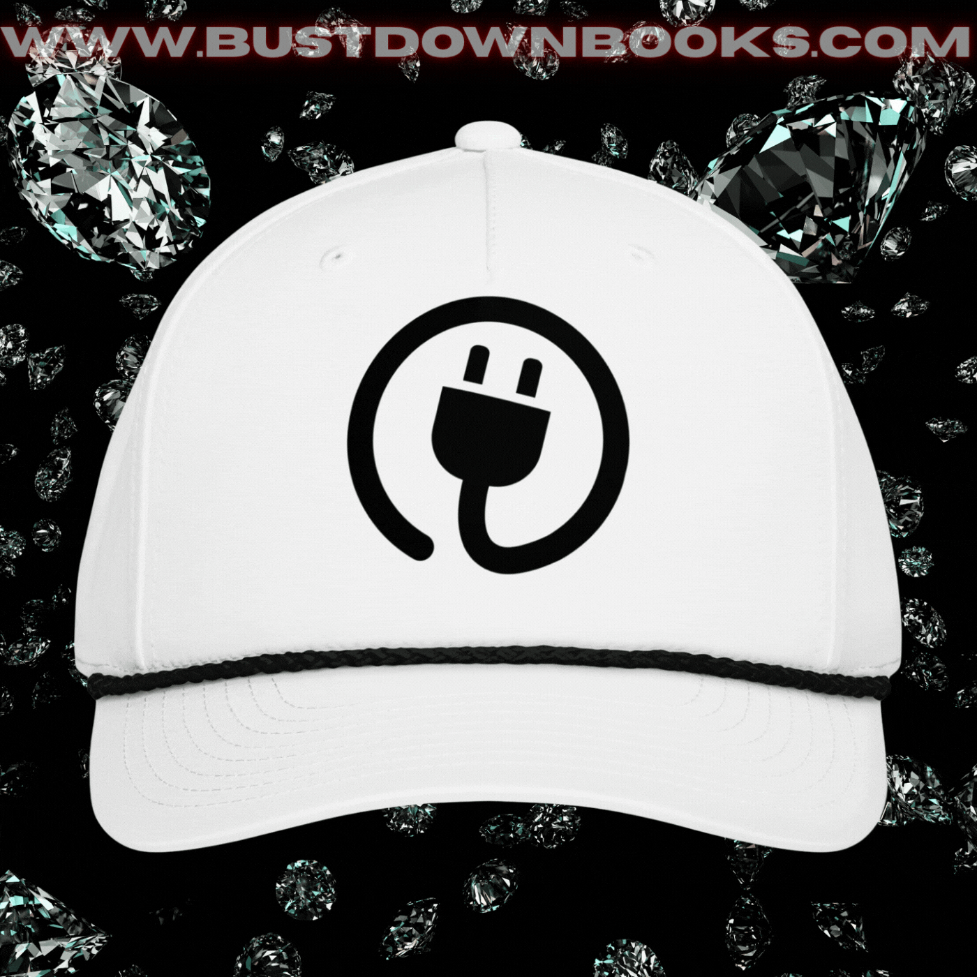 White rope cap with black plug logo circle on front, braided bill cord, mid-profile five-panel snapback.