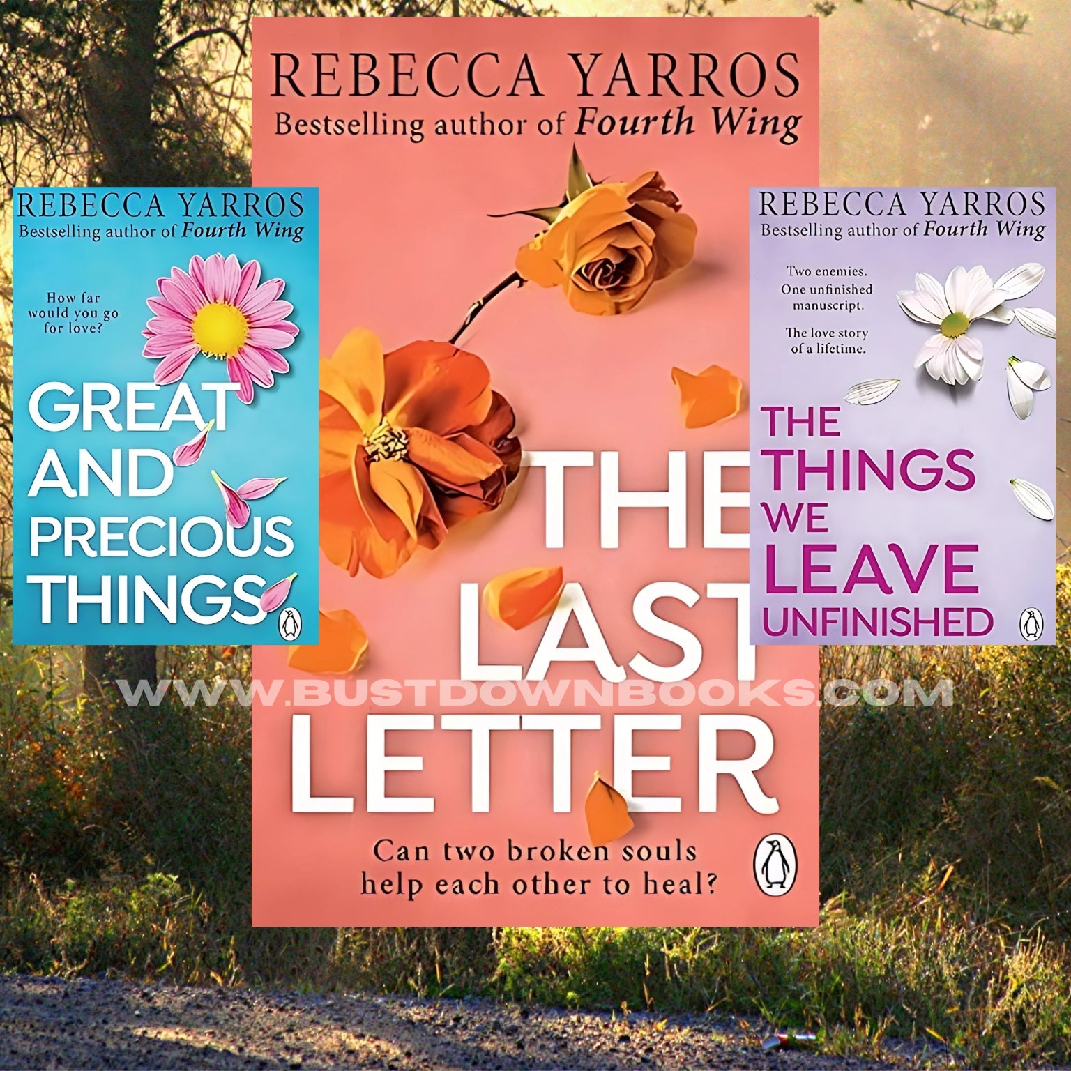 Book cover of 'The Last Letter' by Rebecca Yarros with 2 other Yarros books over a floral design on a natural background.