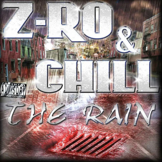 CD album cover for Z-RO & CHILL - THE RAIN featuring a black and white image with red accents, text, and a cityscape in the background.