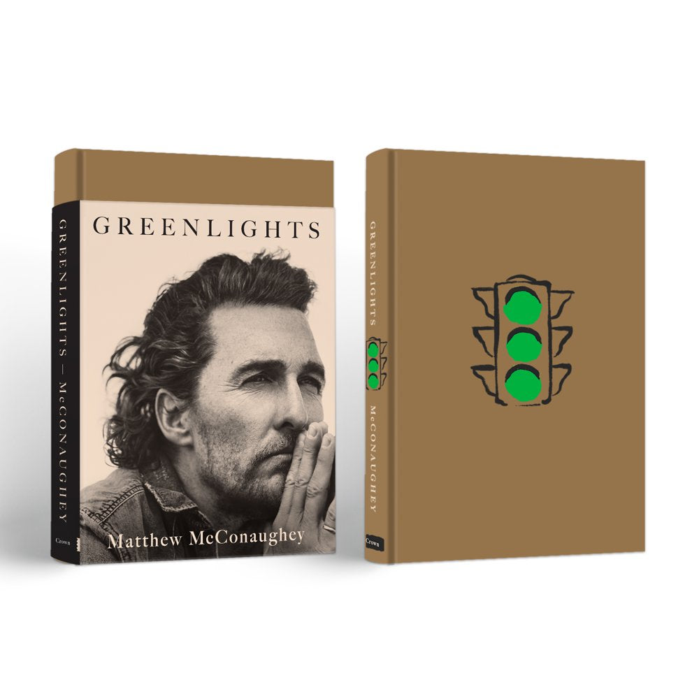Hardcover book titled 'Greenlights' by Matthew McConaughey, featuring a photograph of the author on the cover. Displaying front and back covers.