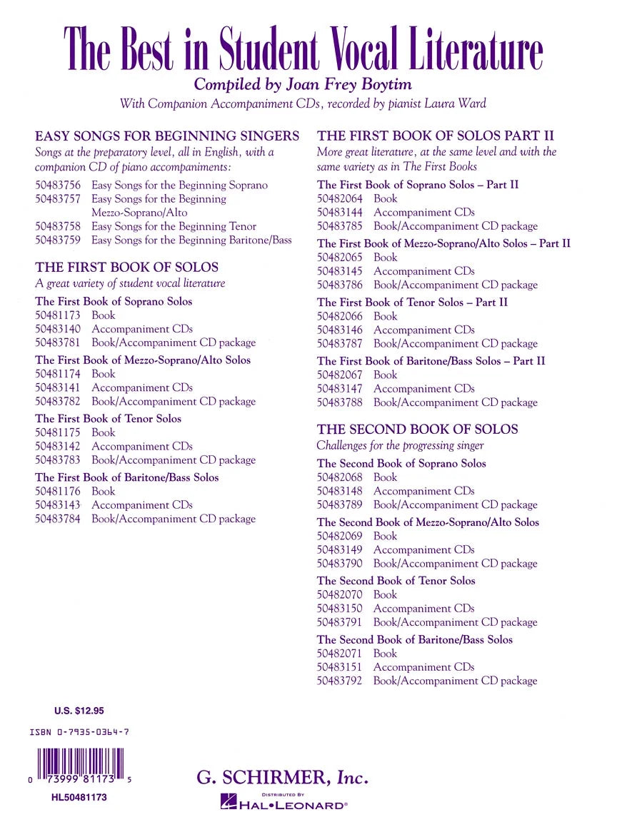 Sheet Music Book back cover of "The Best in Student Vocal Literature: Compiled by Joan Frey Boytim | With Companion Accompaniment CDs, recorded by pianist Laura Ward" featuring solo and music listings with ISBN number and barcode.