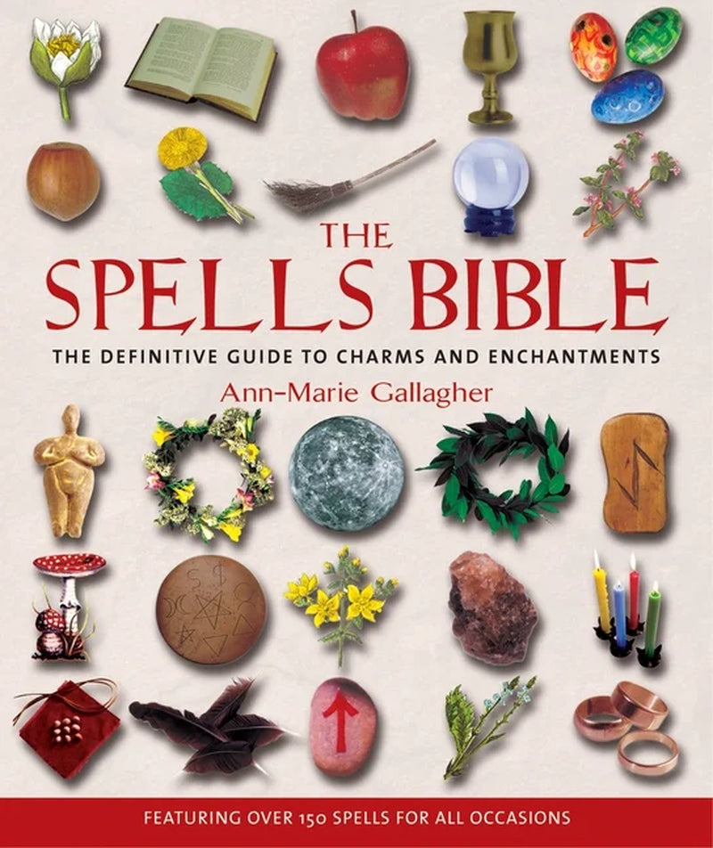 Cover of the book 'The Spells Bible: The Definitive Guide to Charms and Enchantments' displaying various symbols and items related to witchcraft and magic.