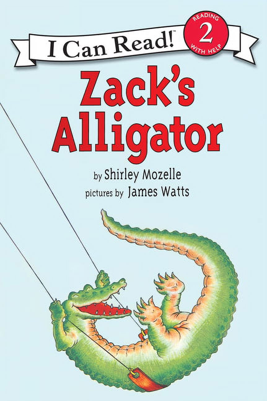 The cover of the book 'Zack's Alligator' shows an illustration of a green alligator with a red and yellow belly, extending its jaw towards a blue sky with a 'I Can Read!' banner on top. The book is for children aged 2-3, with the author's name and the publisher's logo below the alligator.