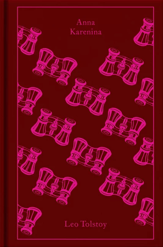 Cover of the book Anna Karenina by Leo Tolstoy, featuring a pattern of chairs on a pink background.