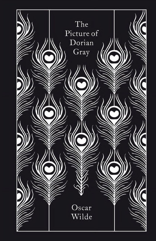 Cover of 'The Picture of Dorian Gray' by Oscar Wilde, featuring a black and white design with decorative elements.