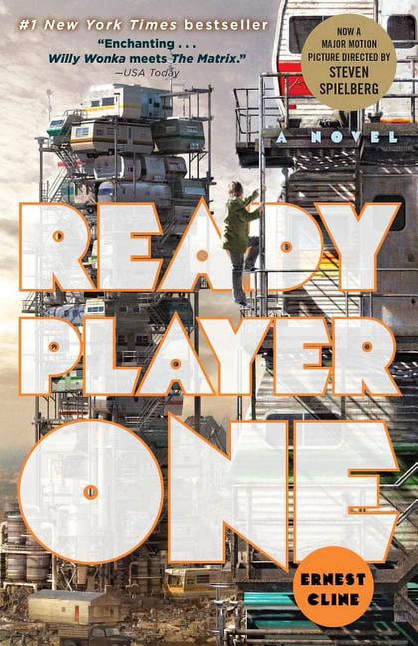 Cover of the book 'Ready Player One' by Ernest Cline featuring a collage of images from the OASIS virtual world, including characters and vehicles, with the author's name and the book's title prominently displayed.