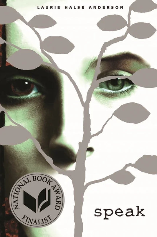 The cover of the book 'Speak' by Laurie Halse Anderson features a design with leaves and a silhouette of a girl's face, reflecting the themes of the book.