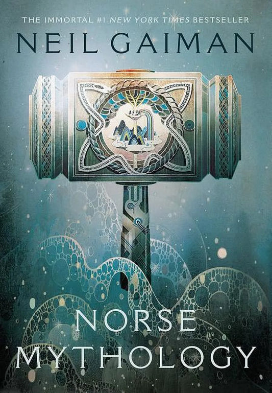 Cover of the book 'Norse Mythology by Neil Gaiman | Immortal #1 New York Times Bestseller' by Neil Gaiman, featuring a stylized illustration of a Norse mythological hammer, Mjolnir, with a detailed and colorful backdrop.