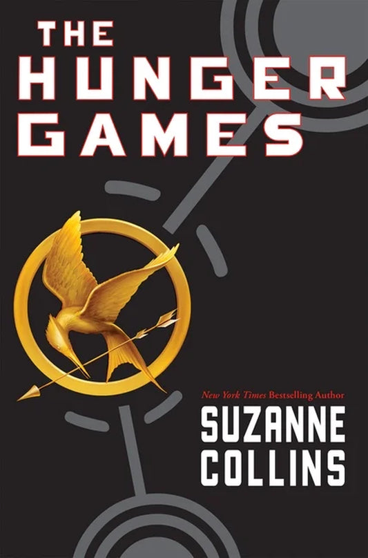 The cover of 'The Hunger Games' book one, showing the title and author's name, Suzanne Collins.