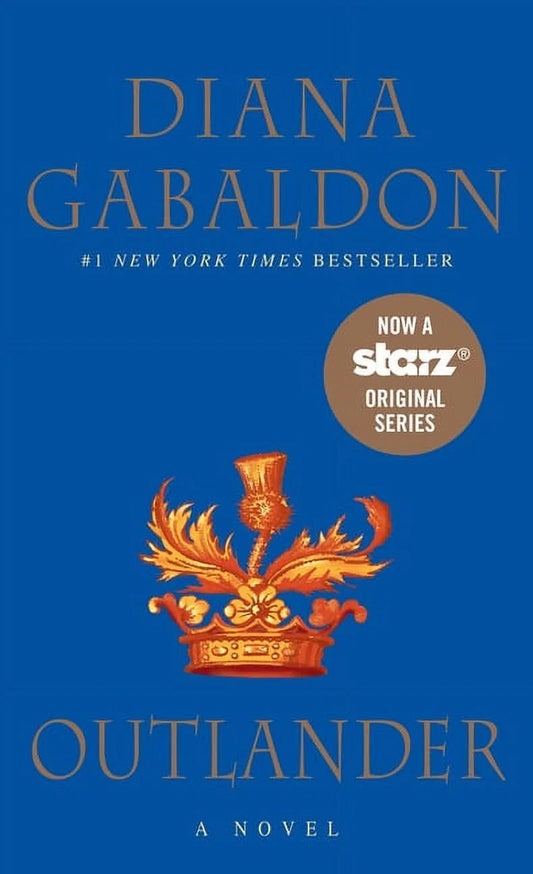 Book cover of 'Outlander: A Novel' by Diana Gabaldon, featuring a golden crown design on a blue background.