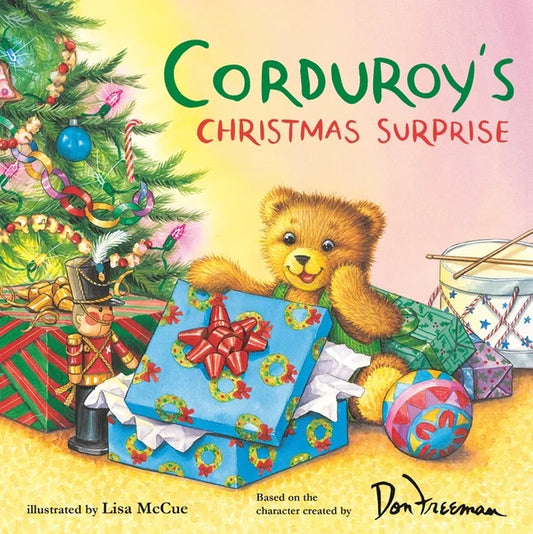 Book cover of 'Corduroy's Christmas Surprise' featuring a cartoon bear character Corduroy, presented with a Christmas tree and gifts in the background.