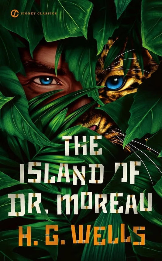 A book cover of 'The Island of Dr. Moreau' by H.G. Wells. With the cover image featuring a figure peeking behind jungle leaves and tropical forestry with one side of the face divided appearing as a human with the human eyeball and the other side of the face a cheetah or tiger of some type representing a human animal hybrid hidden in the jungle. And with the written across the bottom center in white with the author's name in gold lettering.