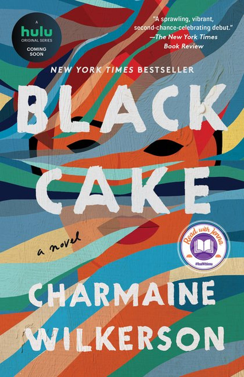The cover of the book 'Black Cake' by Charmaine Wilkerson features a vibrant, abstract painting in shades of blue, orange, and yellow, with the author's name at the bottom.