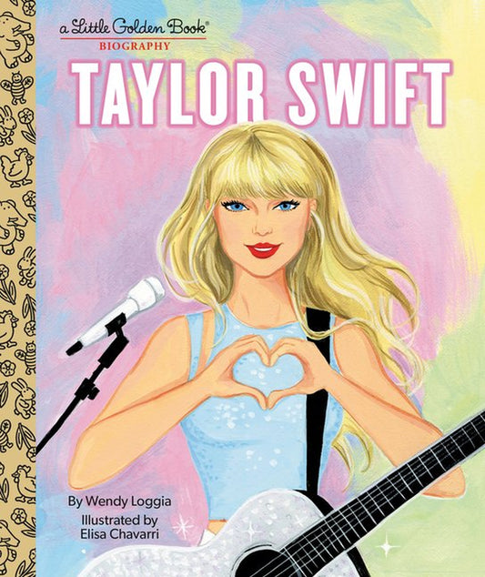 Cover of 'Taylor Swift: A Little Golden Book Biography' featuring an illustration of Taylor Swift making a heart shape with her hands, with a microphone and guitar in the foreground.