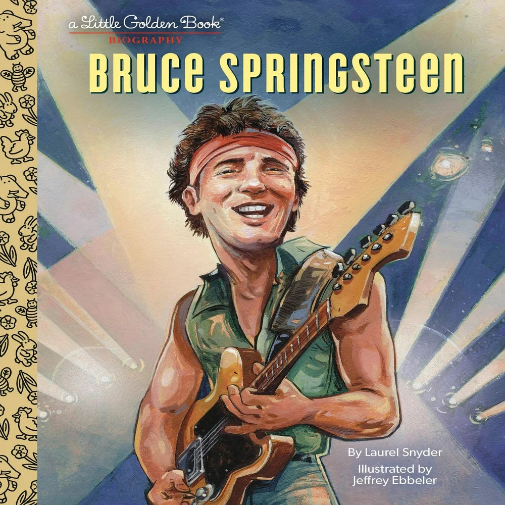 Cover of a Little Golden Book biography about Bruce Springsteen, featuring an illustration of the singer-songwriter with a guitar.