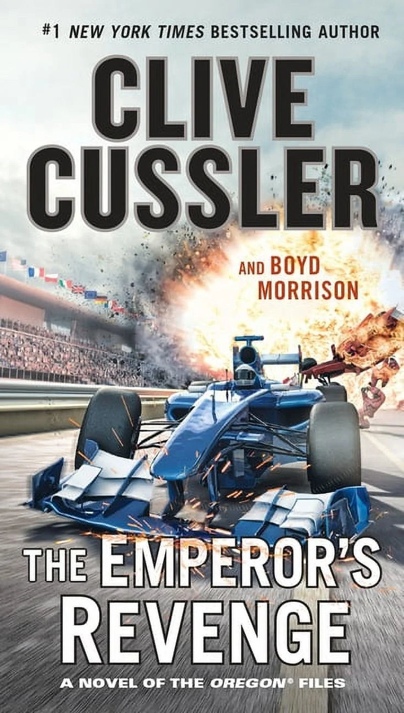 The cover of the book 'The Emperor's Revenge' by Clive Cussler and Boyd Morrison features a image of a speeding blue race car with a dramatic backdrop of a race track with smoke and debris.